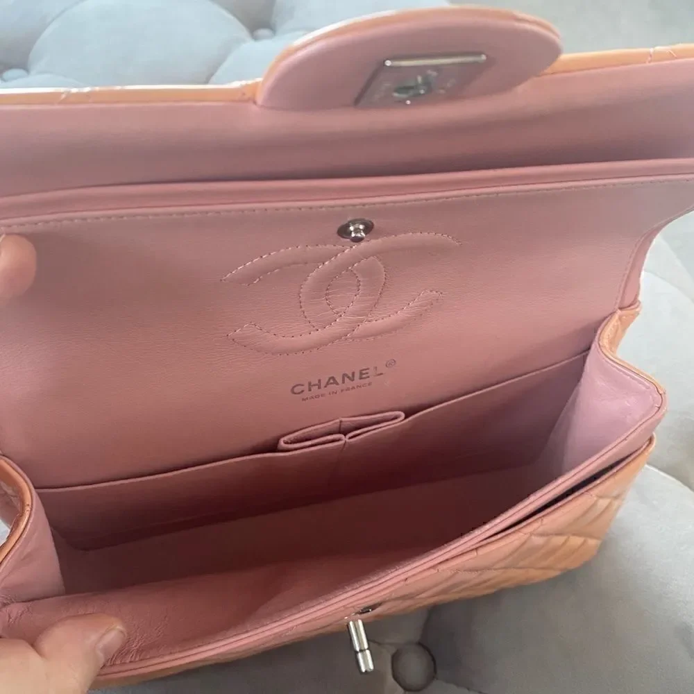 CHANEL Classic Medium Double Flap Bag peach patent